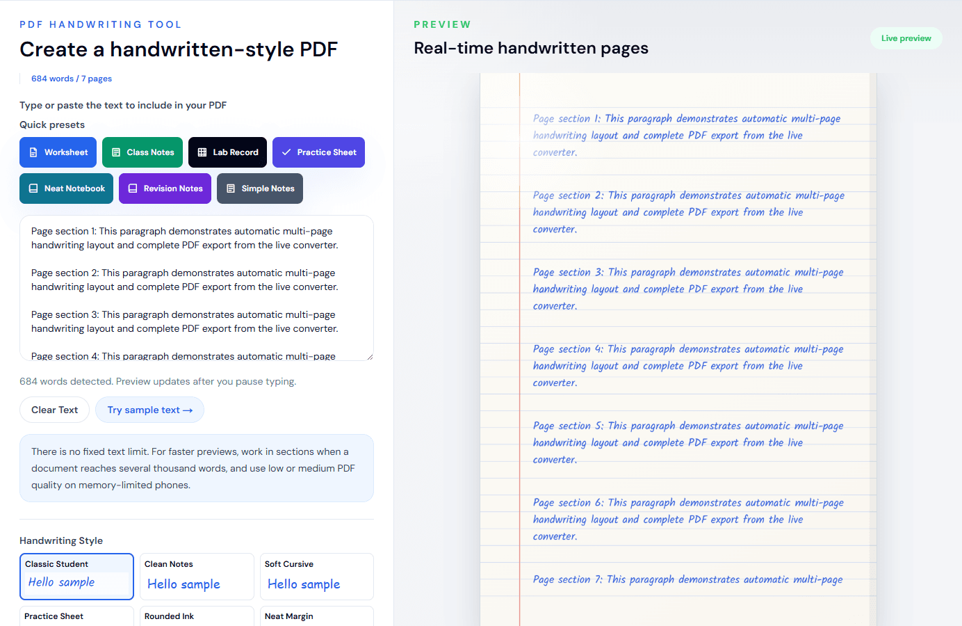 Multipage handwritten document preview